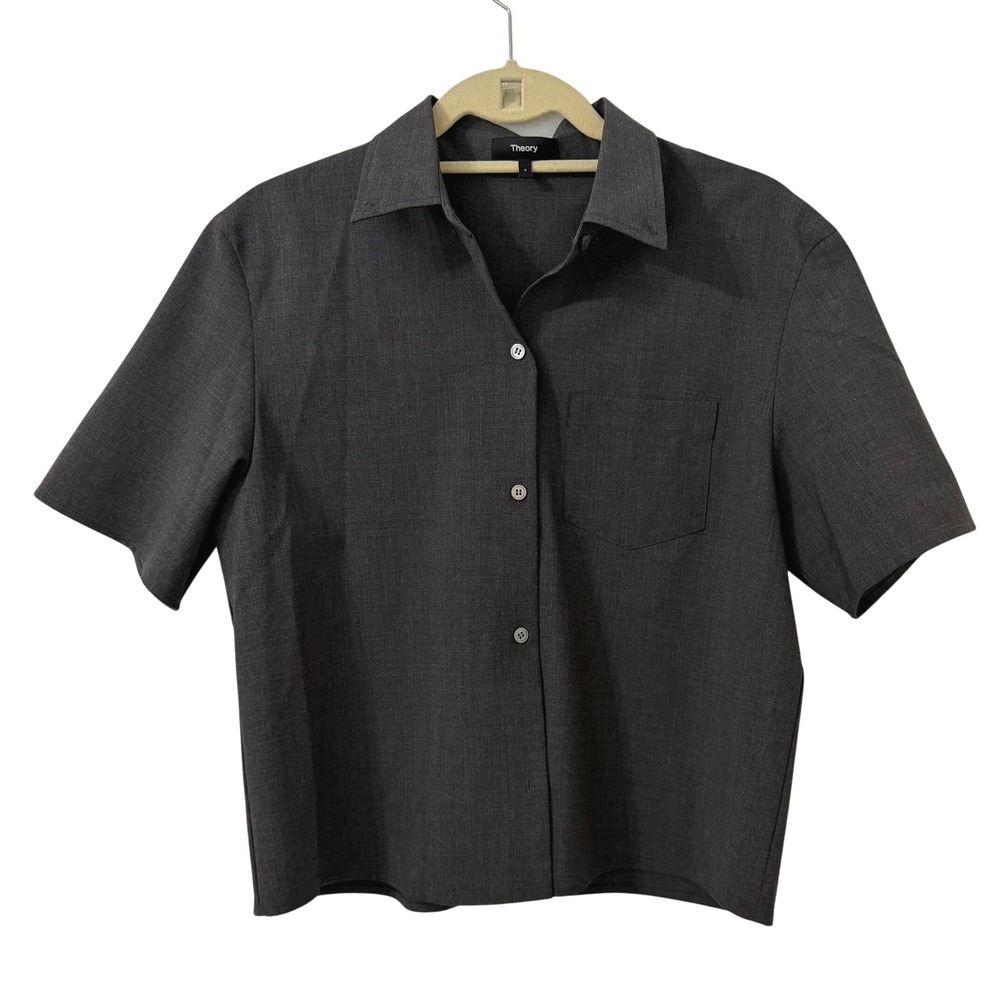 Theory Traceable Wool Boxy Short Sleeve Button Up Shirt S Gray Minimalist Chic